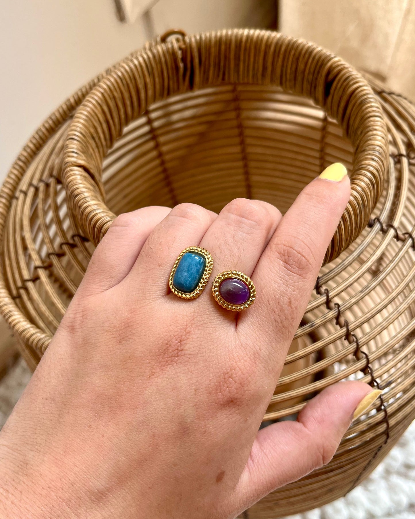 Bague ouverte double pierre naturelle NOELIA