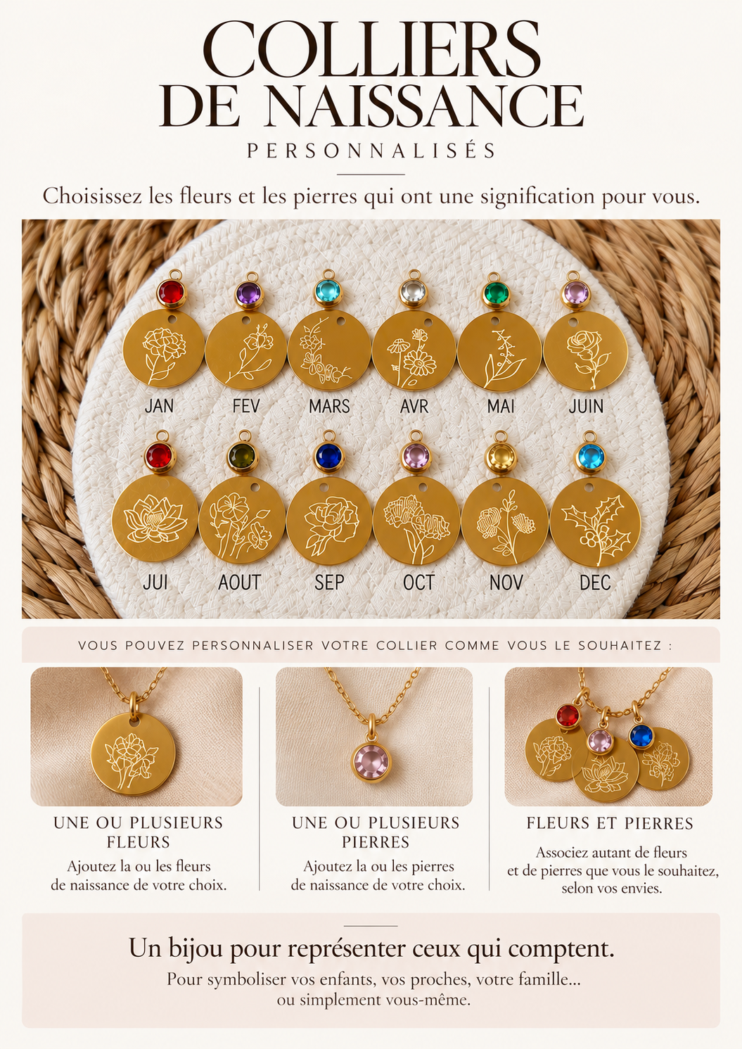 Collier FLEUR + PIERRE de naissance personnalisé