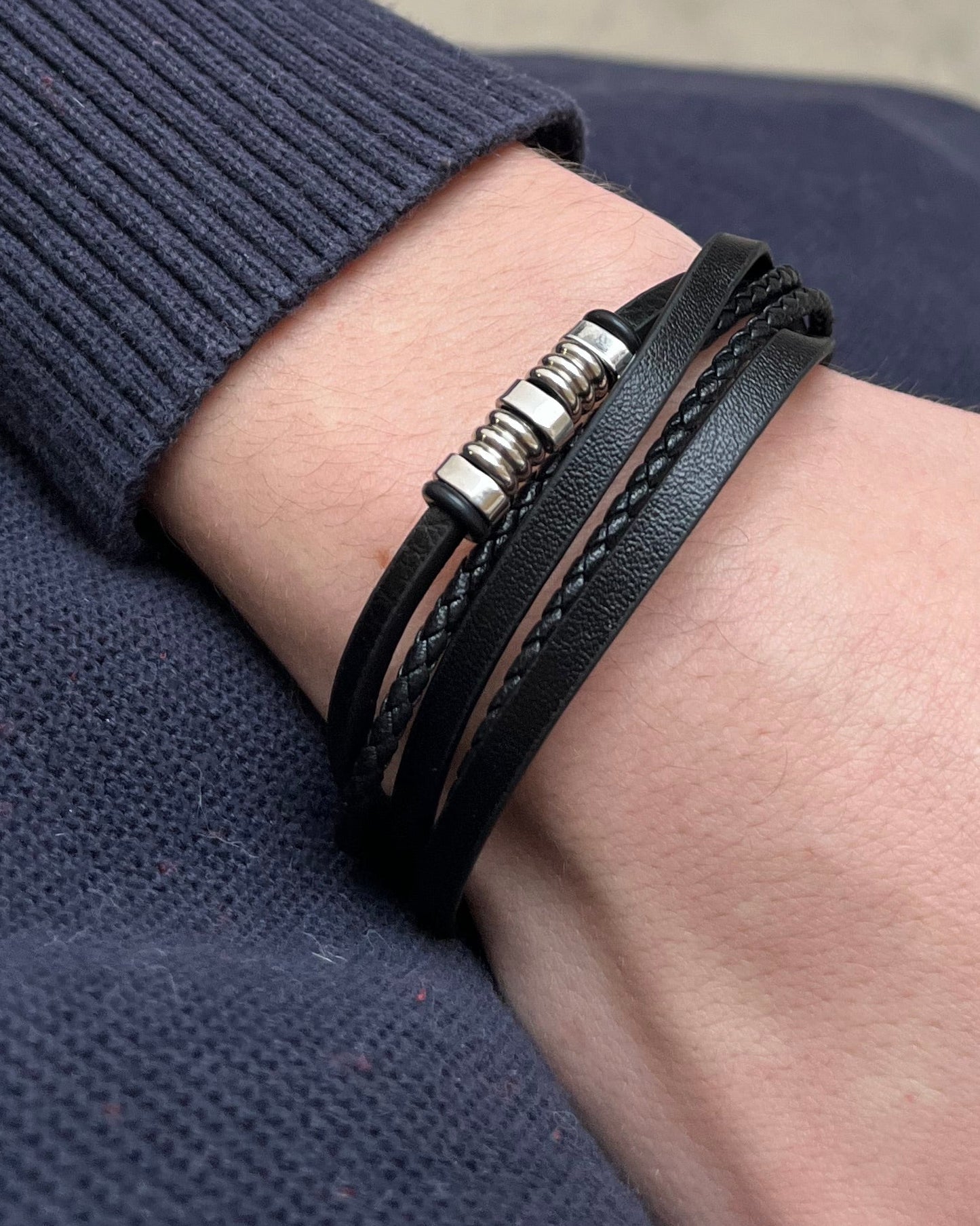 Bracelet multirang noir en cuir homme OCTAVE