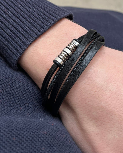 Bracelet multirang noir en cuir homme OCTAVE