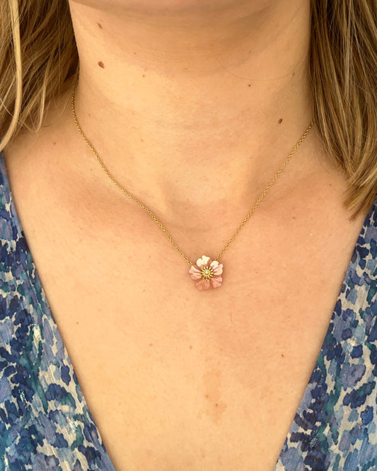 Collier fleur rose en nacre rose AZEL